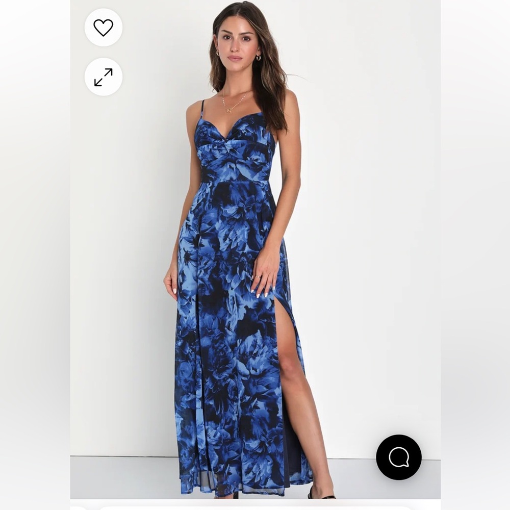 Lulu’s Beautiful Soul Blue Floral Print Twist-Front Maxi Dress